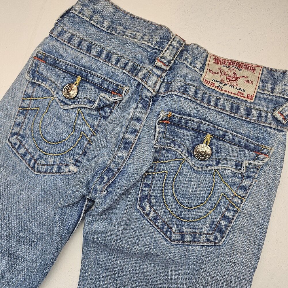 Vintage True Religion Girls Bootcut Flare Jeans Blue Denim SZ 7 100% Cotton Y2K